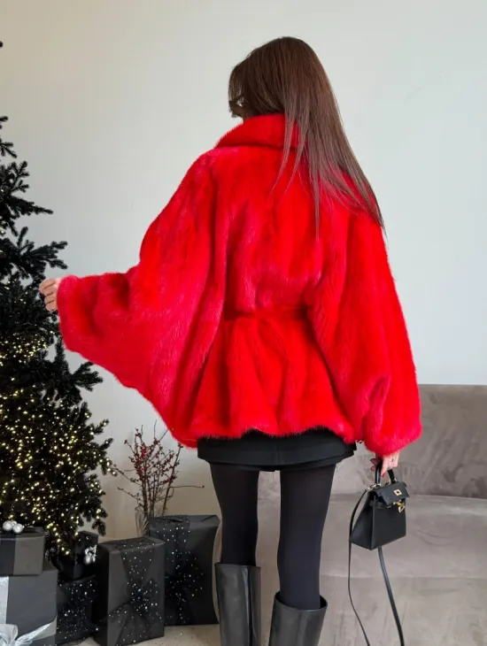 Красная норковая шуба - летучка английский воротник - фото 4
