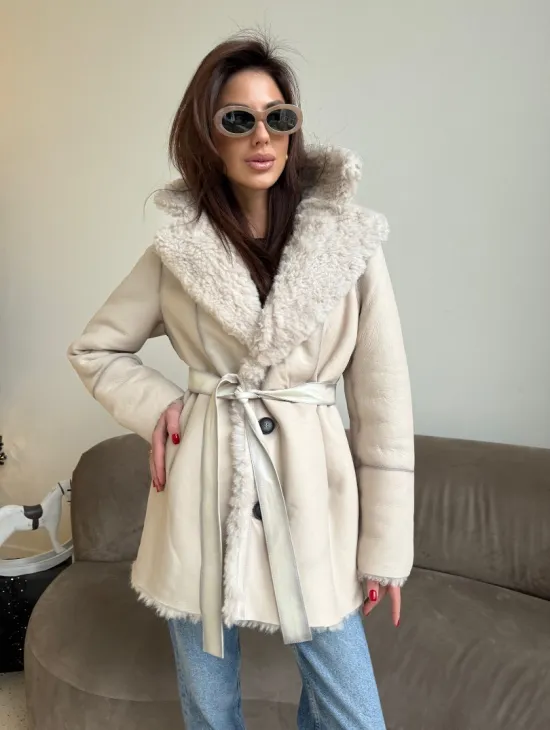 Двусторонняя дублёнка - шуба, мех тиградо английский воротник - фото 2