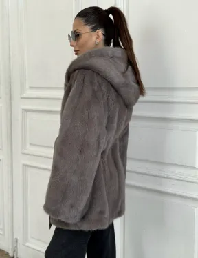 Шуба норковая с капюшоном роспуск - цвет графит - фото 1