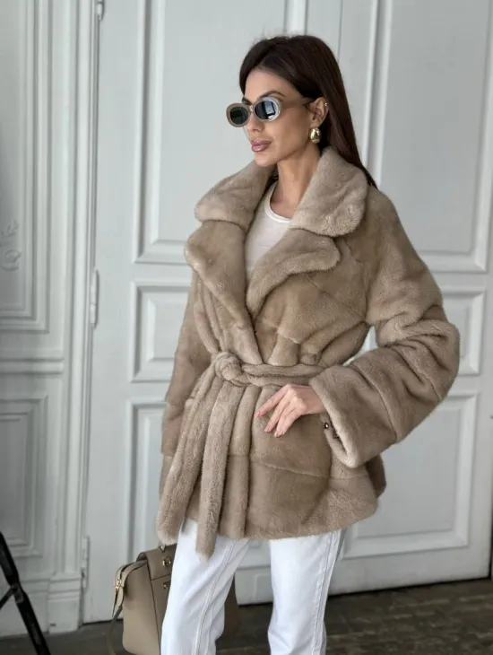 Норковый полушубок английский воротник мех NAFA - цвет пастель - фото 4