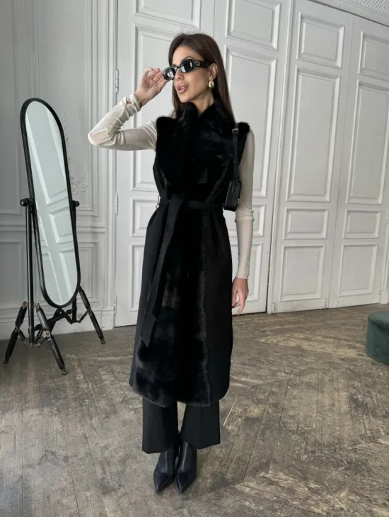 Стильное кашемировое пальто с мехом норки - фото 5