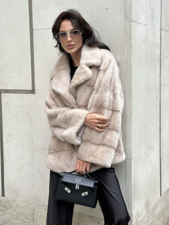 Шуба из меха норки английский воротник пудра - фото 10
